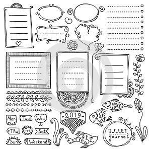 Set of cute hand drawn bullet journalÃ¢â¬â¢s elements isolated on white background. Collection of doodle frames.